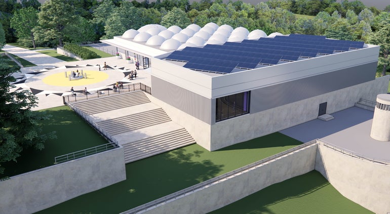 Rendering of the outside of a gallery building with solar panels on top
