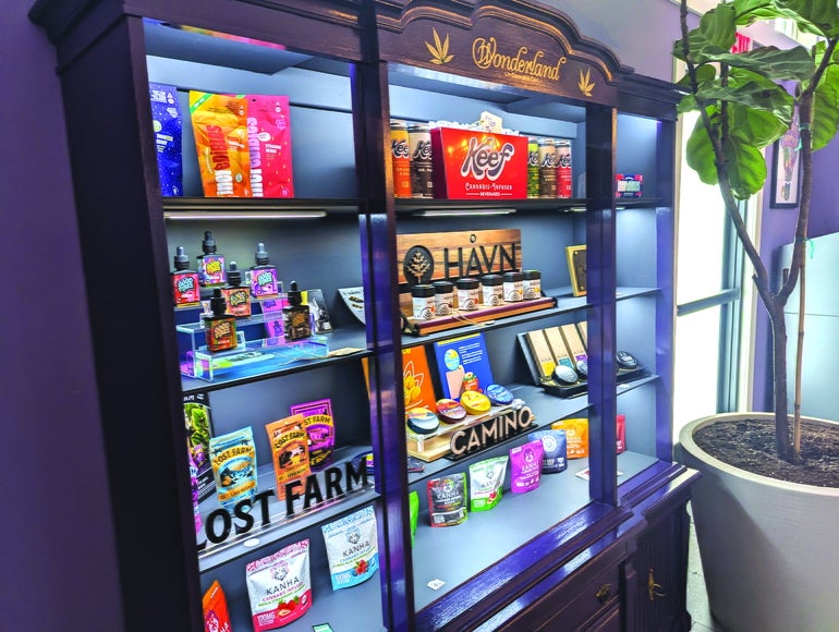 A display case full of various cannabis products