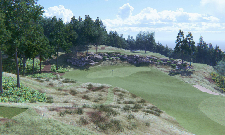 A rendering of a golf course, featuring a green and rough on hilly terrain.