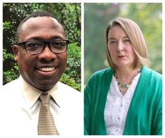 Side by side photos of a man and a woman. The man on the left wears black glasses, a white button down, and tan tie. The woman on the right has shoulder length blonde hair and wears a green cardigan, white blouse, and multi-colored necklace.
