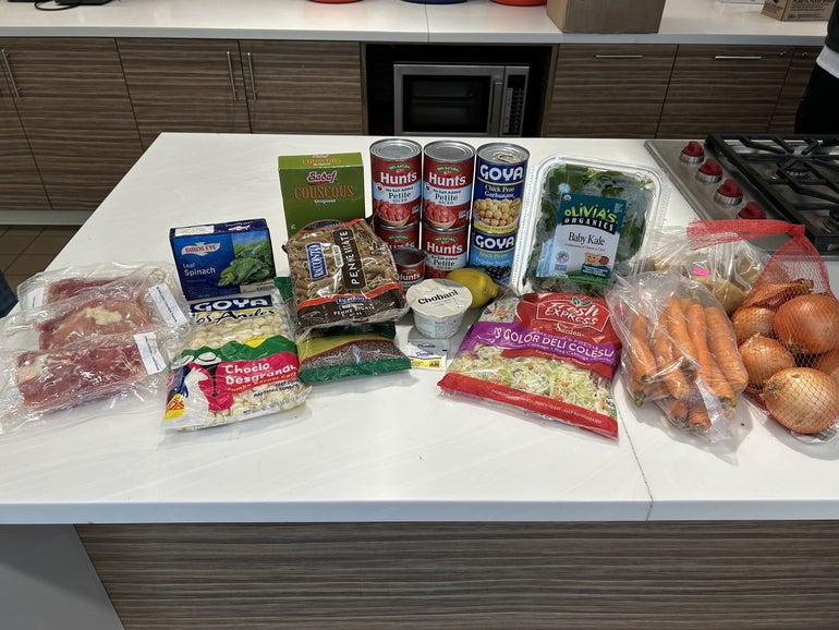 Groceries laid out on a white countertop