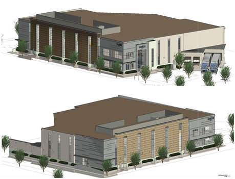 A rendering of a large manufacturing facility. 
