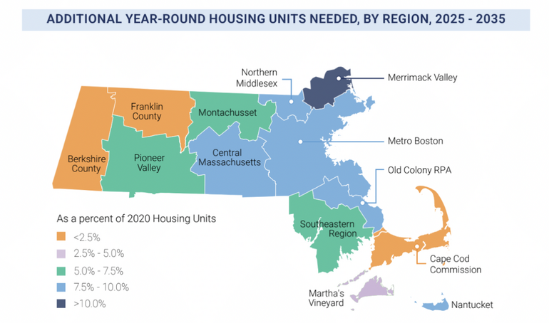 A map of Massachusetts showing housing units needed