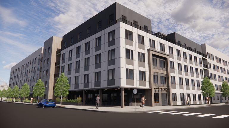 Rendering of a five-story apartment building