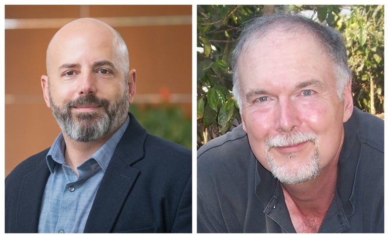 Two side-by-side headshots: The man on the left is bald and has a grey beard and wears a dark blue suit jacket and light blue button down. The man on the right has grey hair and a whit goatee and wears a black polo shirt.