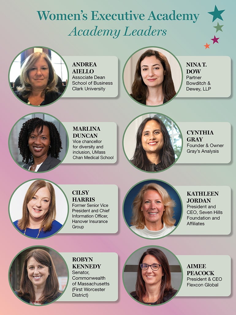 A graphic with the photos, names, and titles of the eight Academy Leaders of the Women's Executive Academy