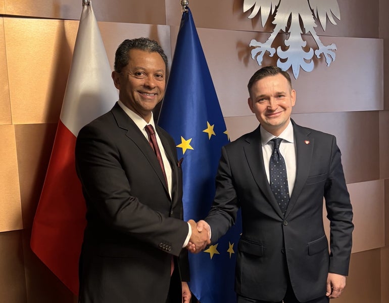 Two men in suit shake hands in front of the flag of Poland and the European Union