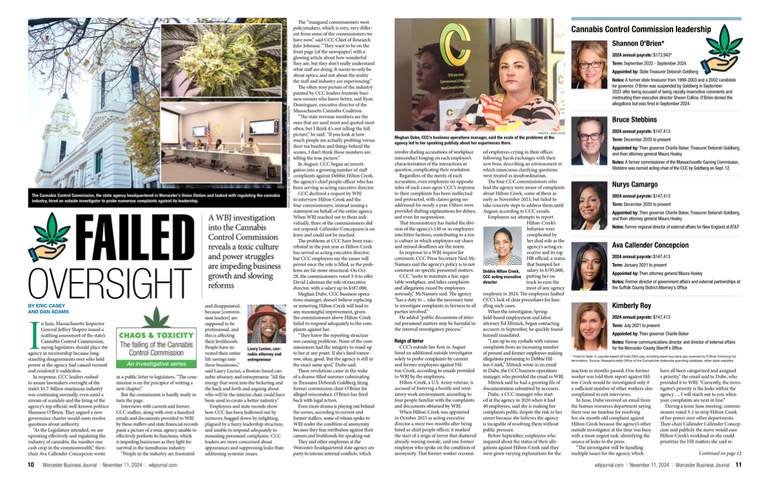 A screenshot of a newspaper layout showing a story about dysfunction at the state's Cannabis Control Commission. 