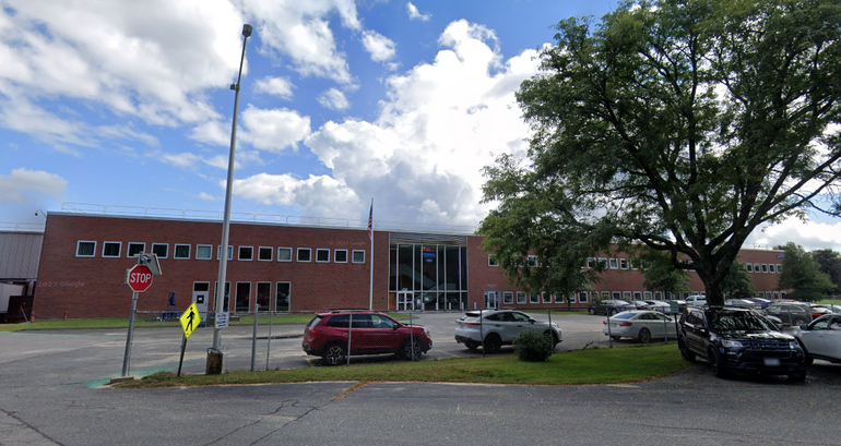 A two-story brick building 