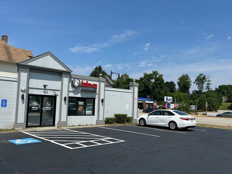 A one-story retail building with a parking lot in front 
