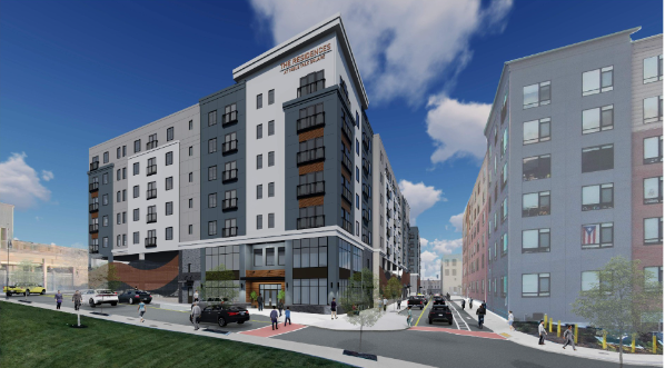 Rendering of a five-story apartment on top of a two-story shell