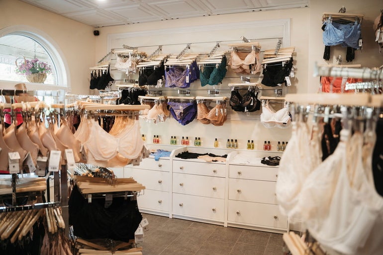 Instead a bra shop with bras and underwear hanging on the walls and on racks