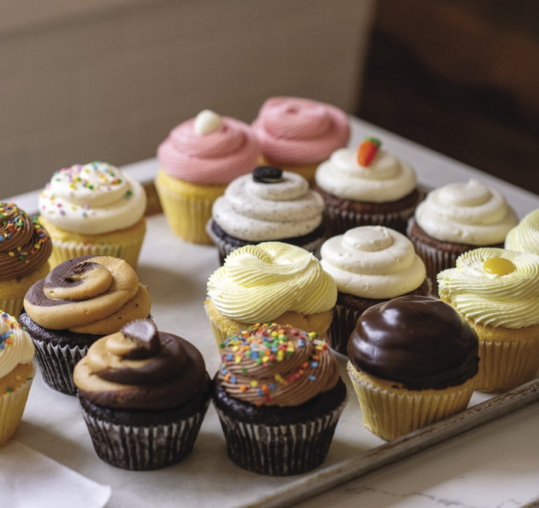 About a dozen cupcakes sit in a square white plate.