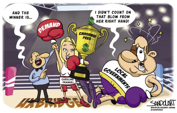 An editorial cartoon showing Caroline Frankel having knocked local governments over cannabis fees.
