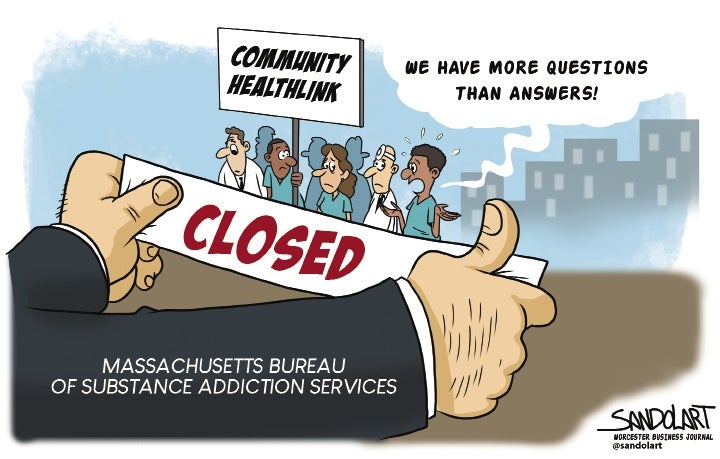 Healthcare workers stand behind a banner that reads "Closed." One worker says "We have more questions than answers!" The banner is held by giant hands labelled "Massachusetts Bureau of Substance Addiction Services."