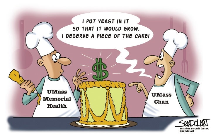 A cartoon of two chefs on either side of a cake with a dollar sign on top of it. One chef's apron reads UMass Memorial Health and the other reads UMass Chan. The UMass Chan chef says "I put yeast in it so that it would grow. I deserve a piece of the cake!"