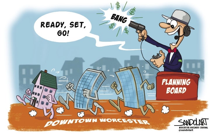 A cartoon image of a man with a starting pistol representing the Worcester Planning Board and three buildings running a race on a track labelled Downtown Worcester