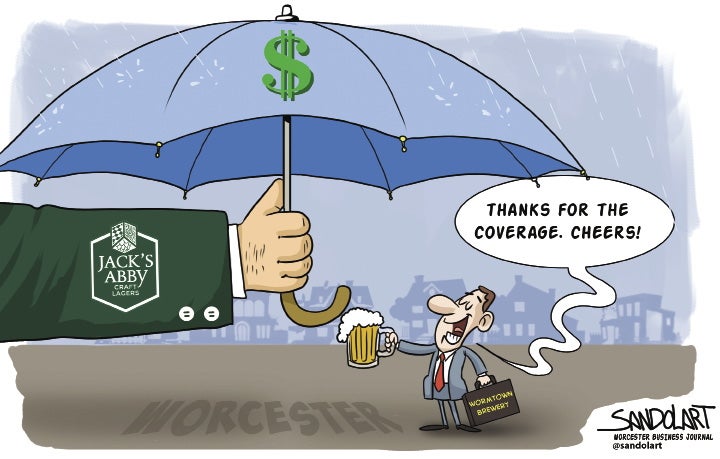 An arm with a green jacket extends to a hand holding a blue umbrella with a green dollar sign on it, covering a man in a grey suit holding a frothy beer.from the rain.