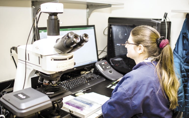 A woman sits before a computer and microscope