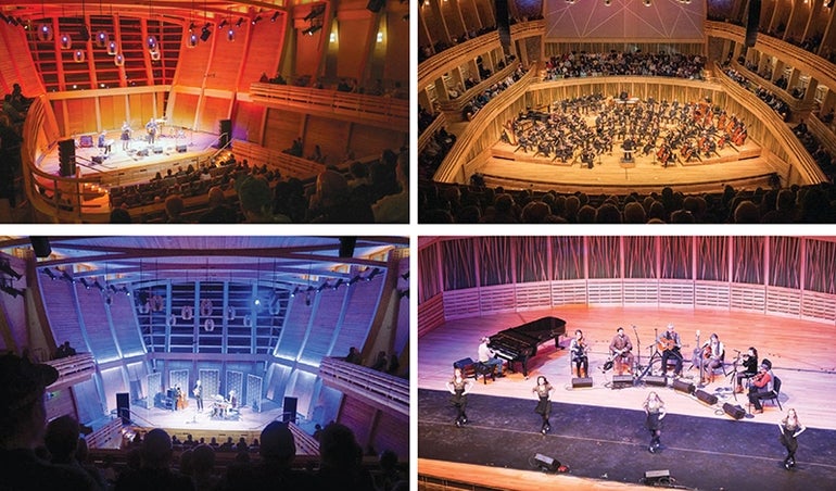 Four views of performances at a contemporary-design performance hall