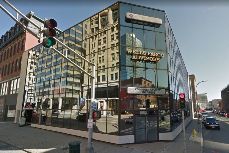 A four-story glass building