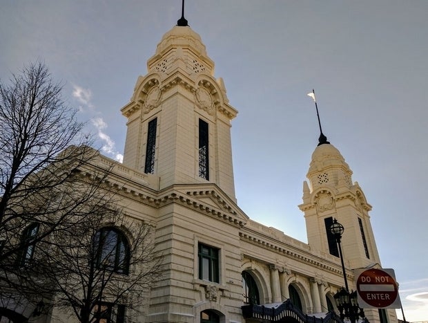 A large train station with two spires
