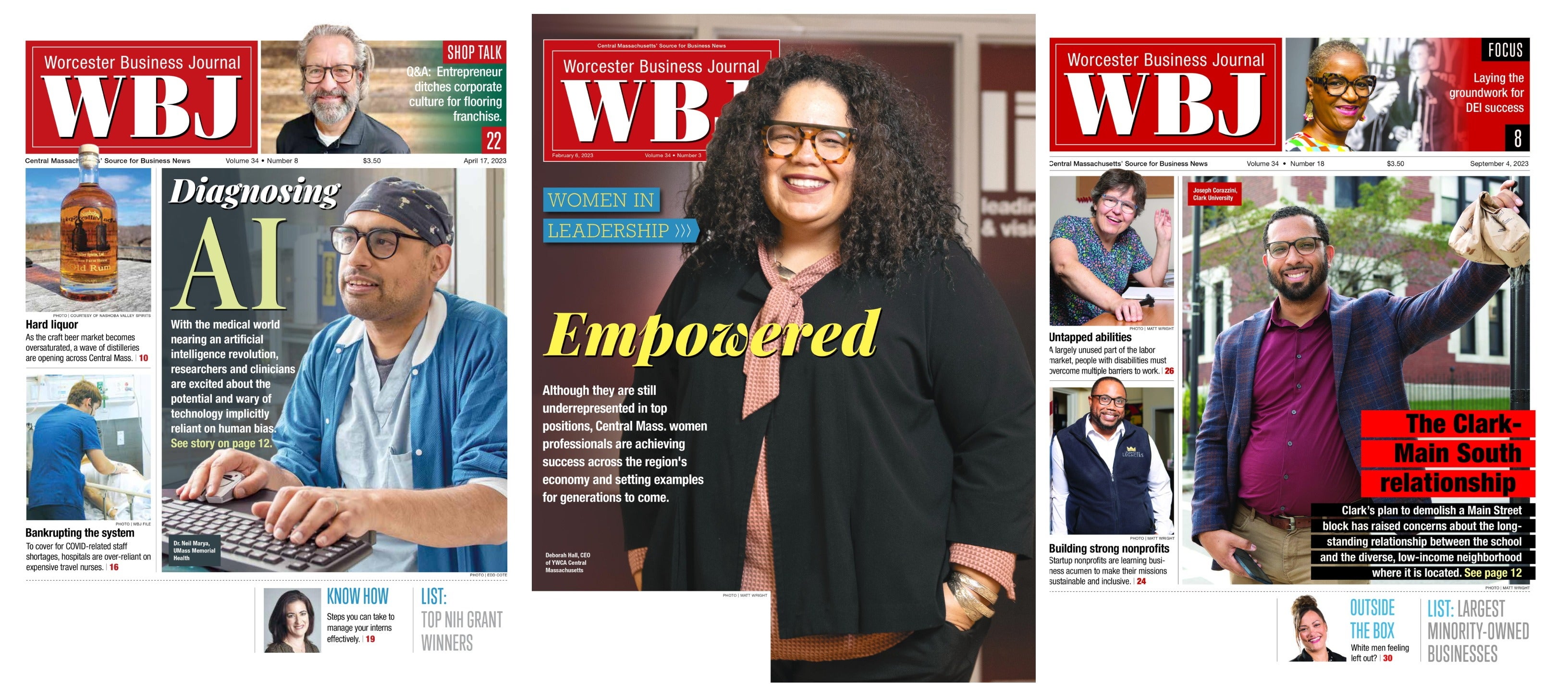 A collage of the covers of the WBJ print editions from Feb. 6, April 17, and Sept. 4 in 2023.