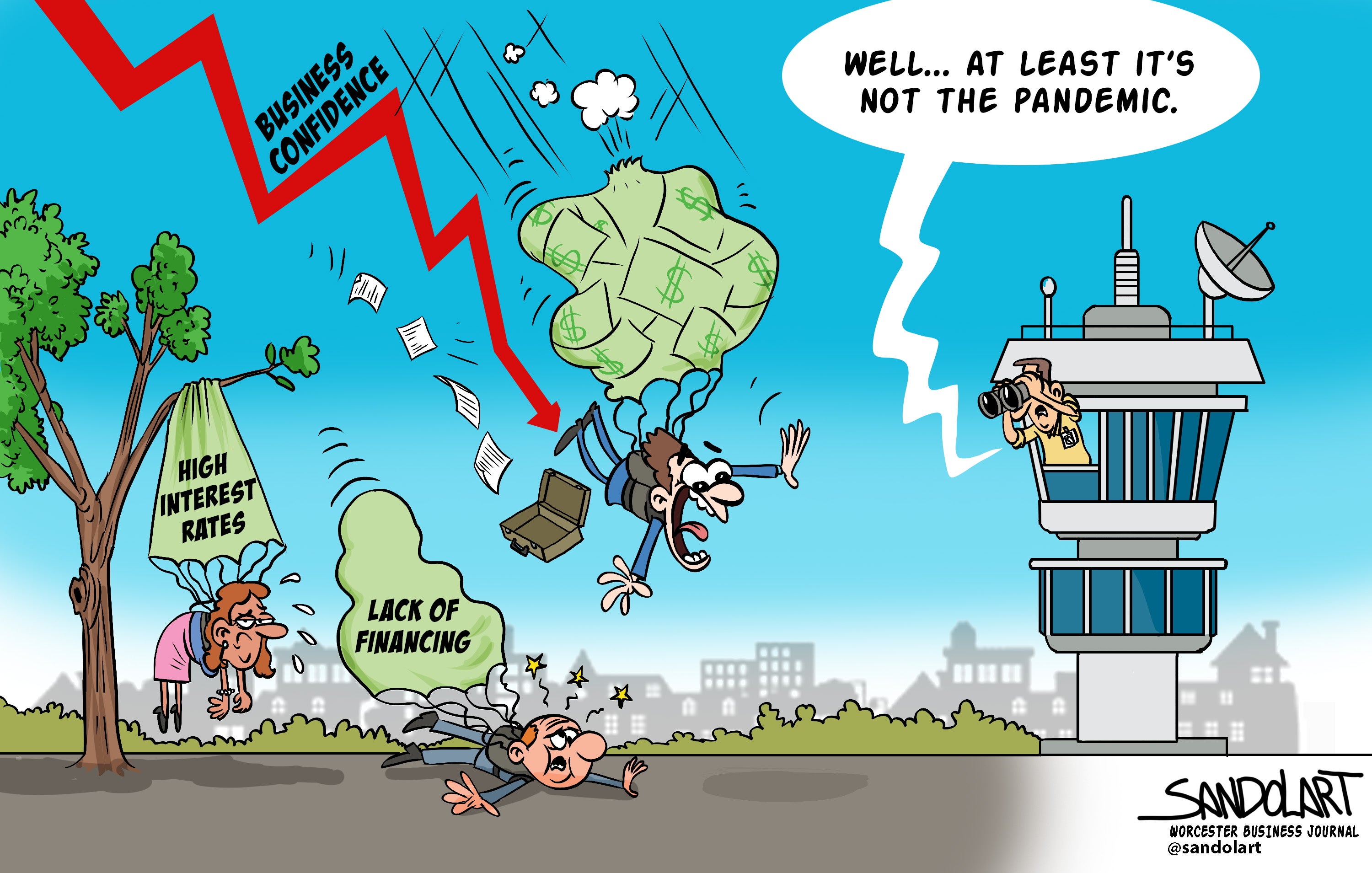 A cartoon of a man falling from the sky with a leaking parachute made out of money as a man looks on with binoculars from an air traffic control tower.