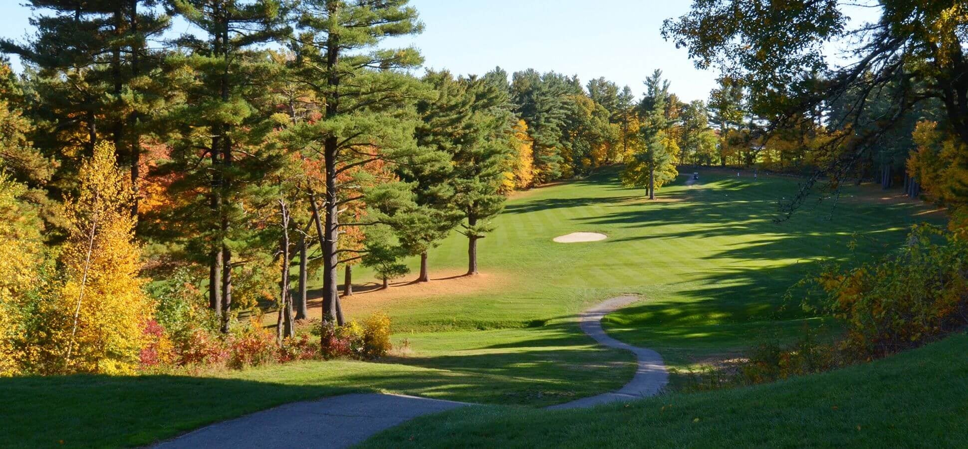 A golf course in a wooded area