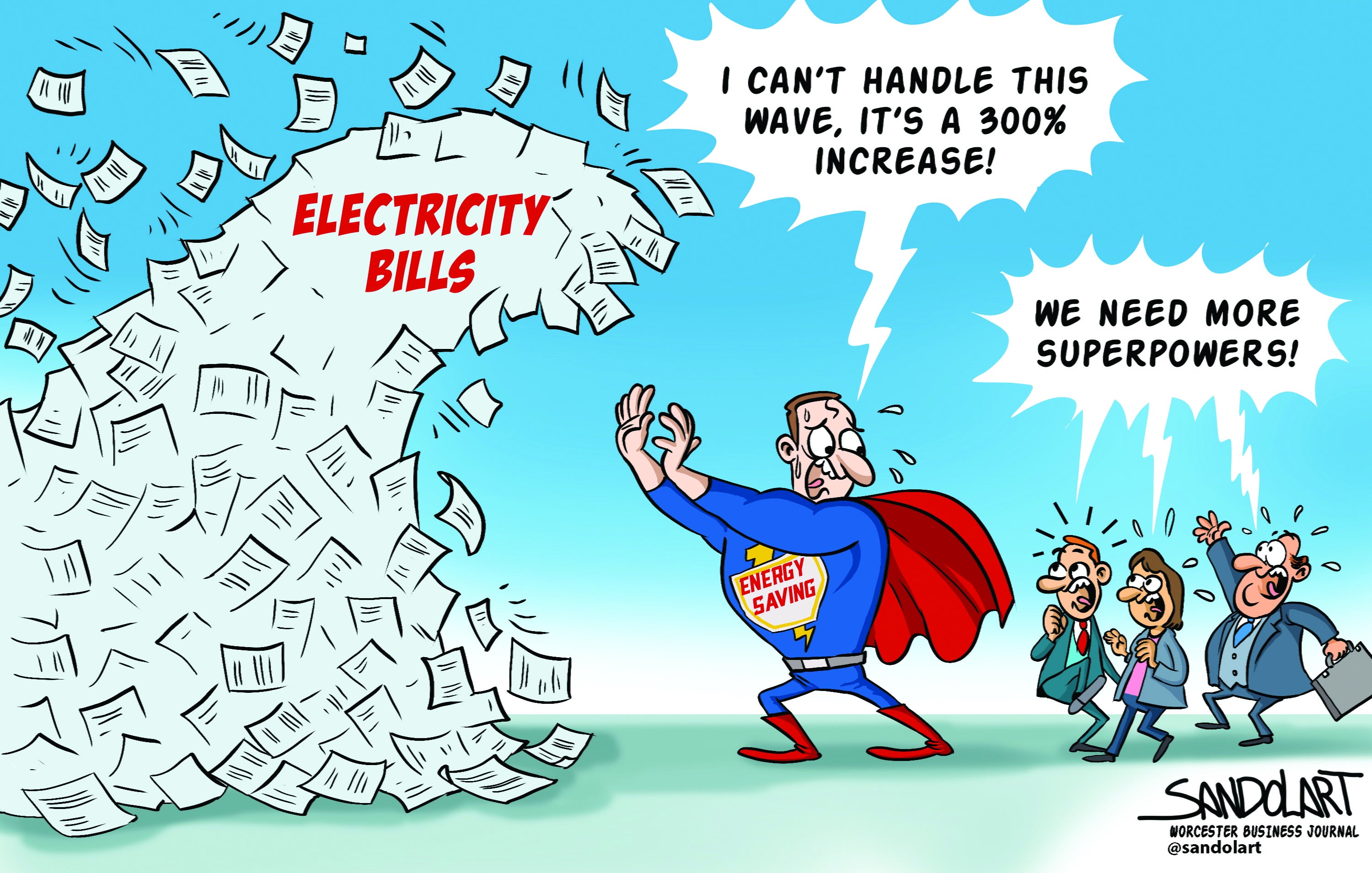 A cartoon of a wave of electricity bills rises as superman sweats while trying to fend it off and small people in business attire jump behind him.