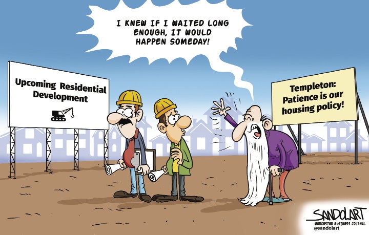 A cartoon of two construction workers on dirt ground looking at an old man with a really long white beard.