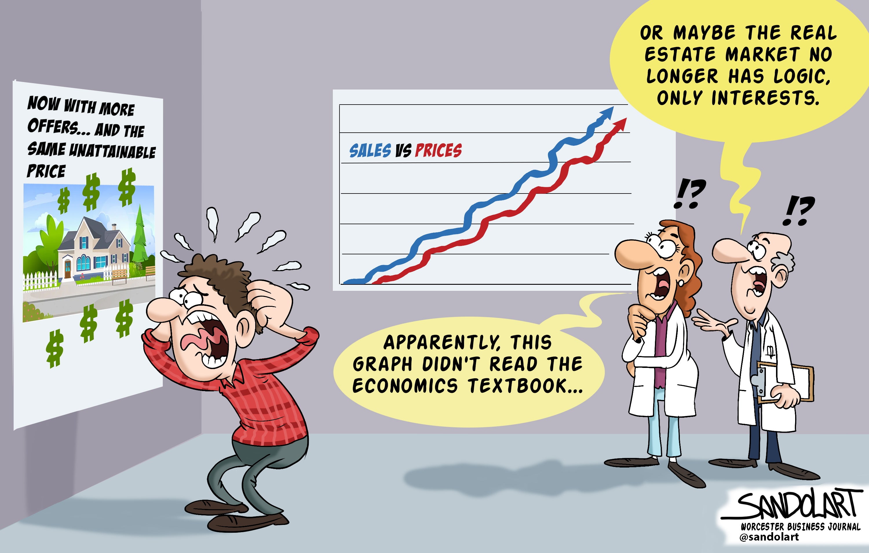 A cartoon of a man yelling while looking at a poster of a house reading "now with more offers...and the same unattainable price." Two people in lab coats stand beside him, talking to each other while looking at a graph on the wall.