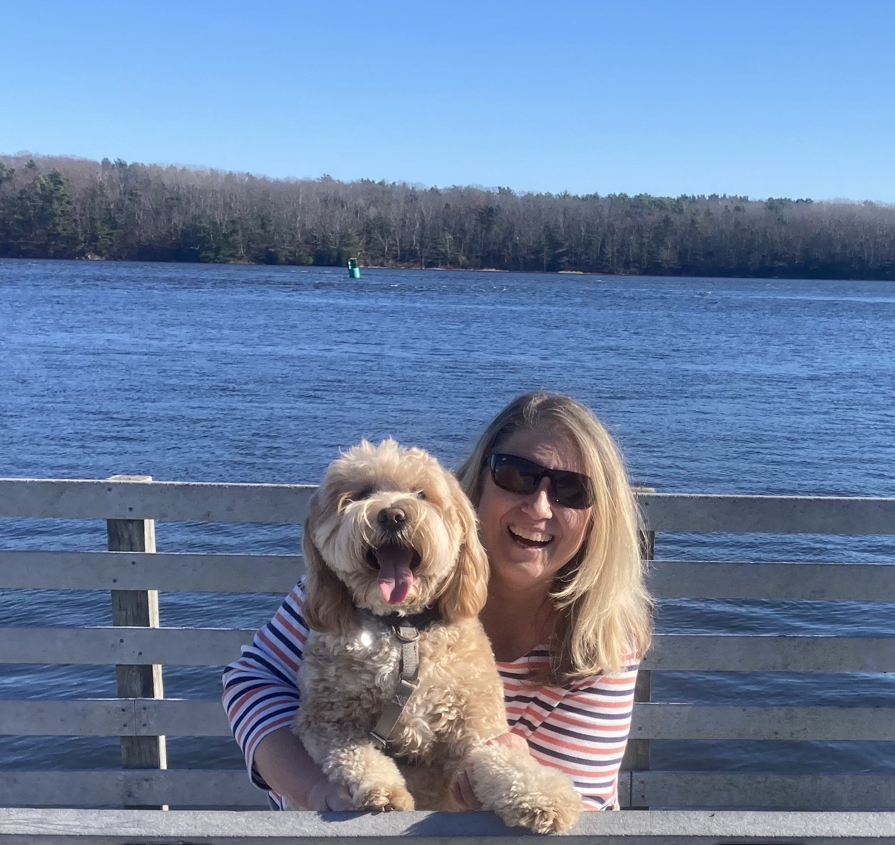 A golden doodle dog sits with a woman with blonde hair in front of a body of water.