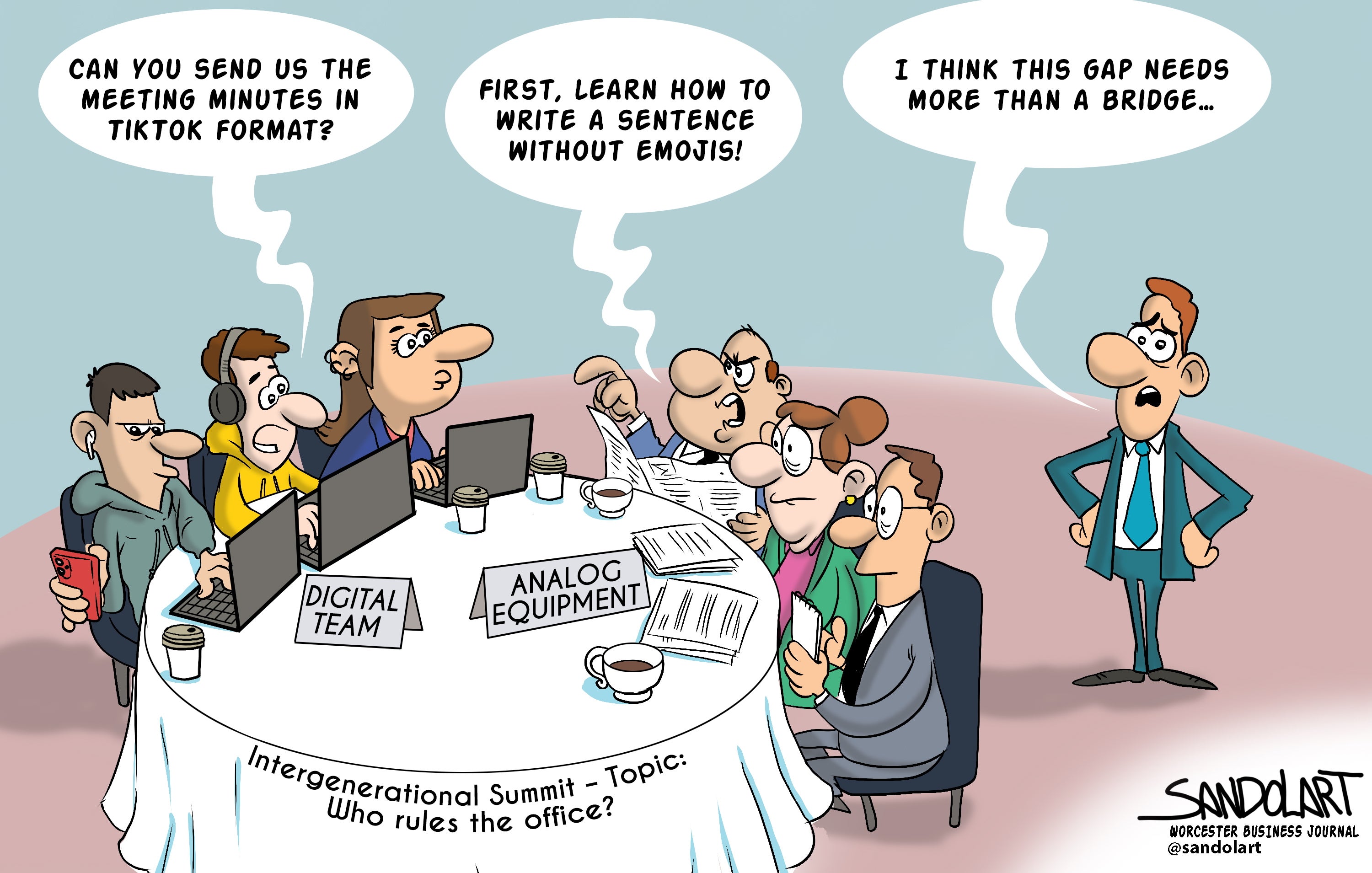 A cartoon of six people of different ages sitting around a table arguing with computers and papers on the table.