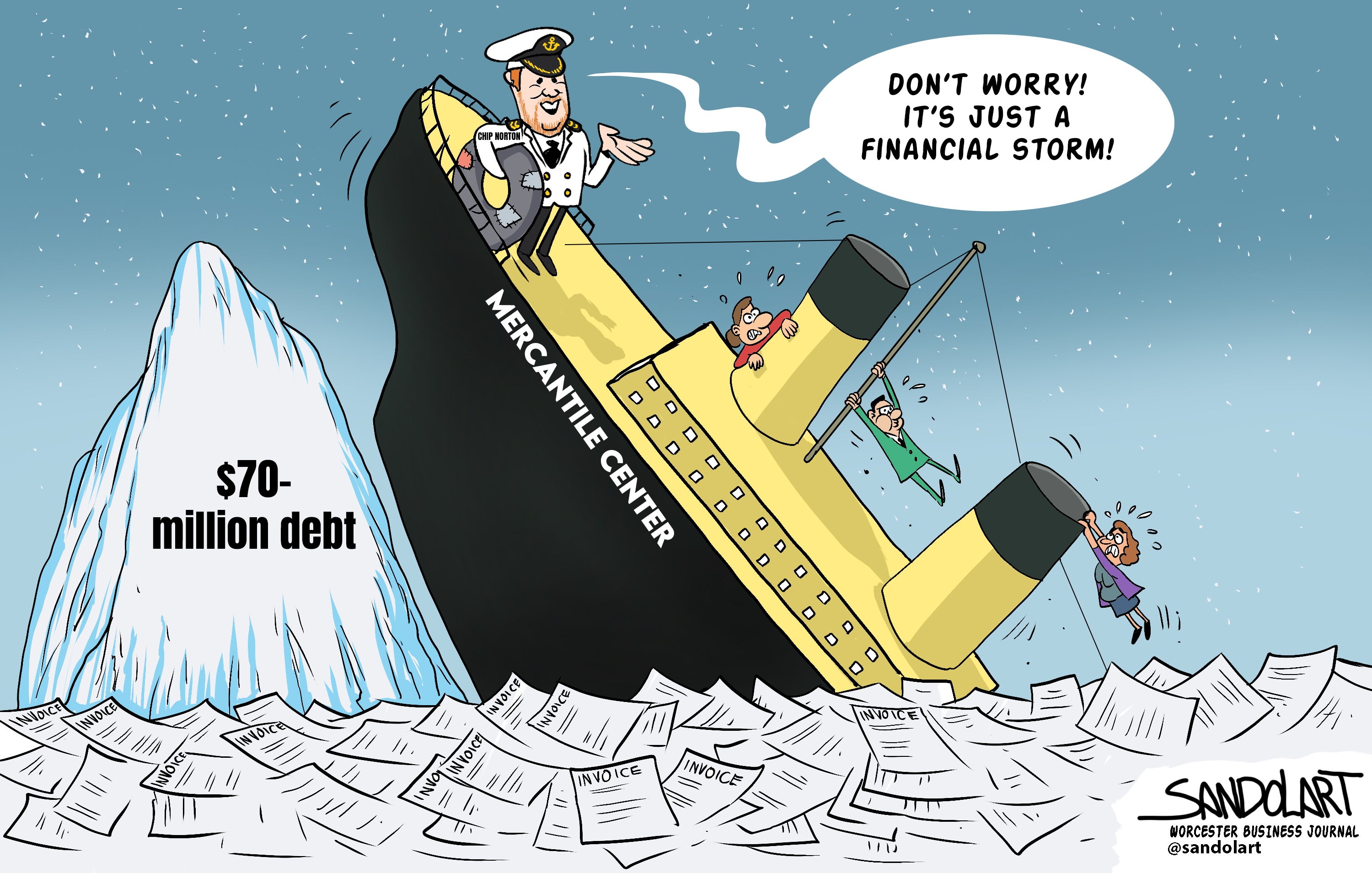 A cartoon of a ship hitting an iceburt in a sea of invoices. 