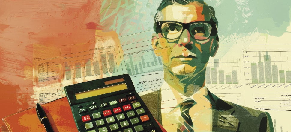A graphic image of a man wearing glasses, a calculator, and a pen