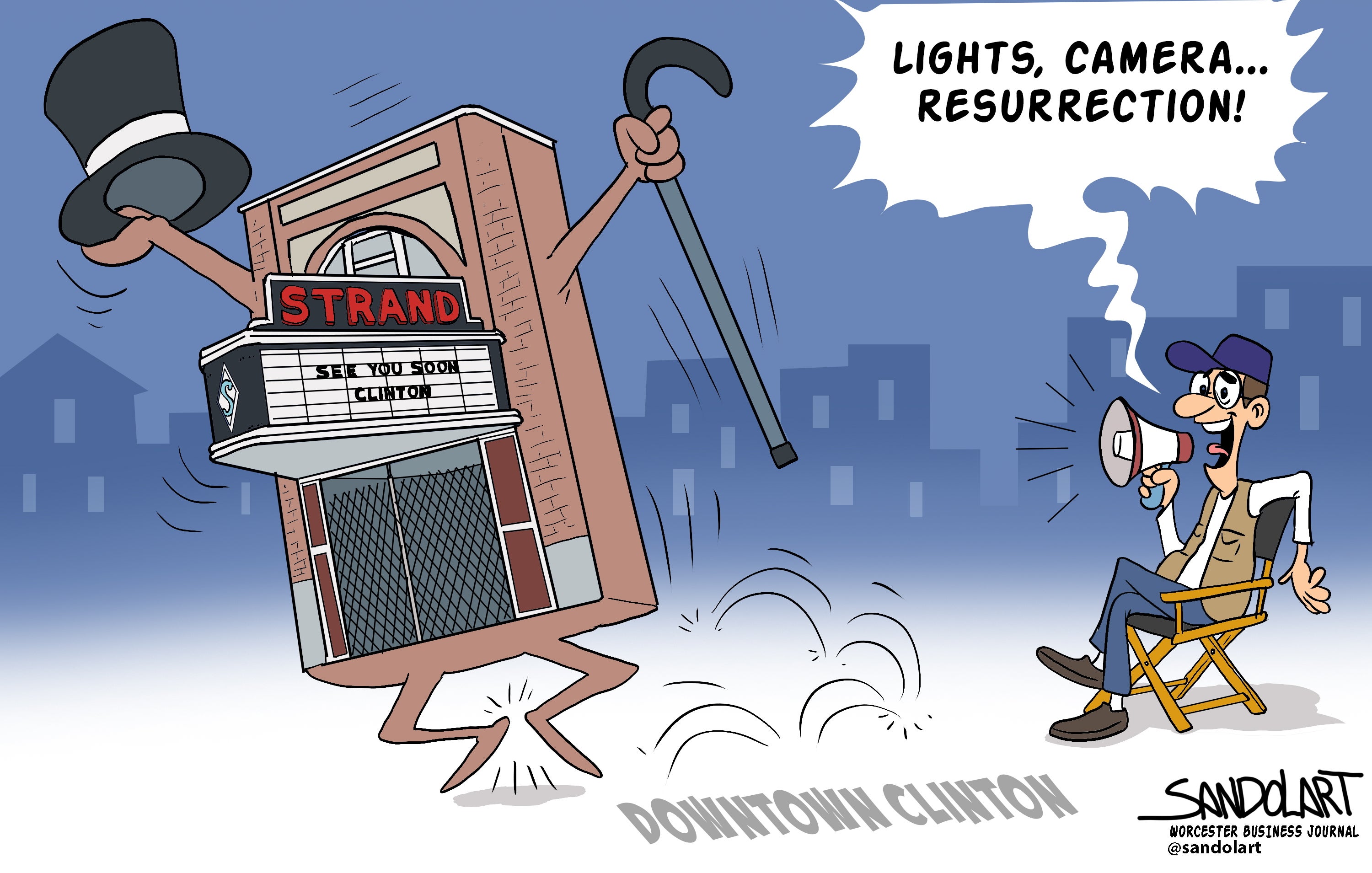 A cartoon of a brick theater on legs dancing while a director sitting on a chair says "Lights, camera...resurrection!" through a megaphone.