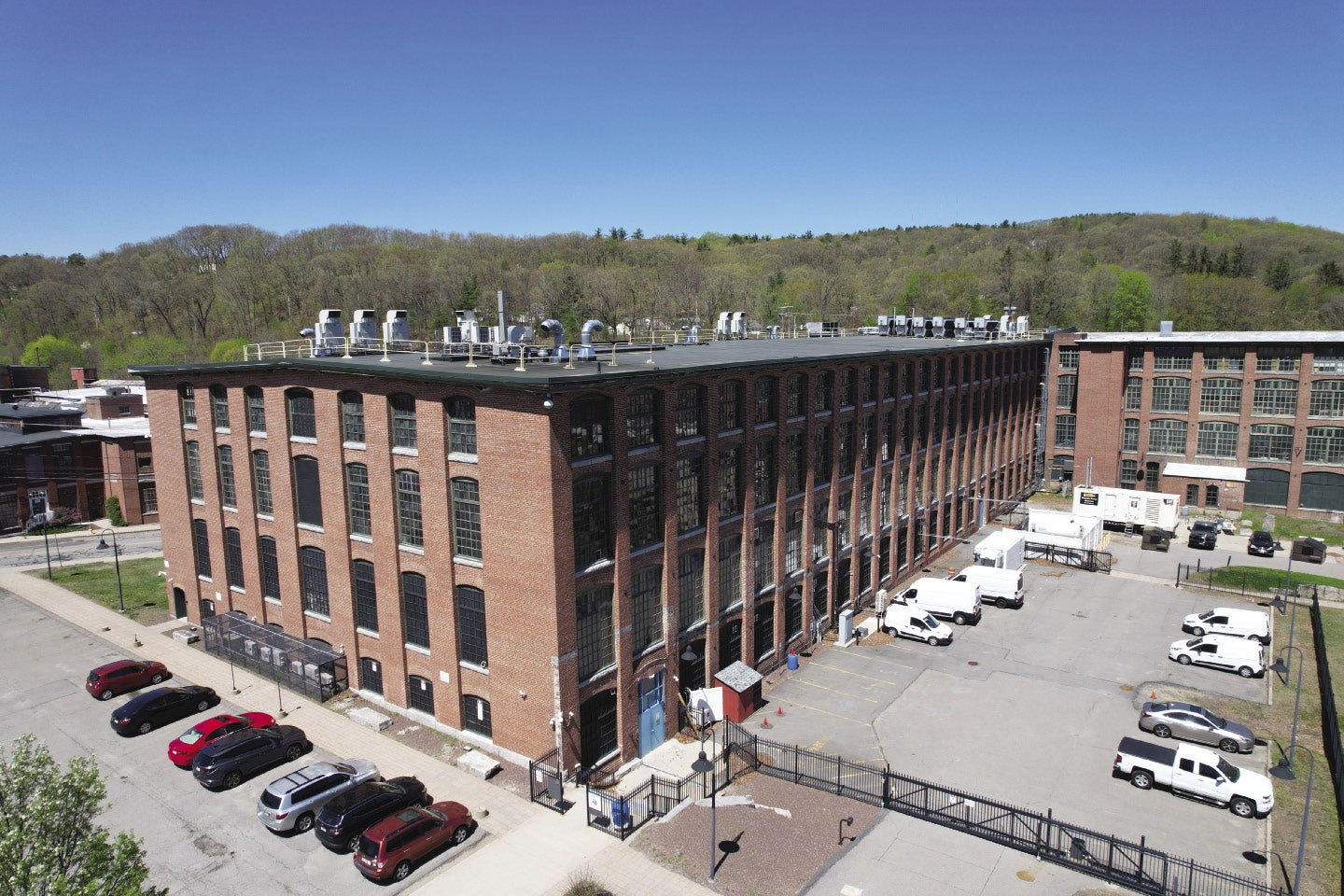 An aerial shot of an industrial building
