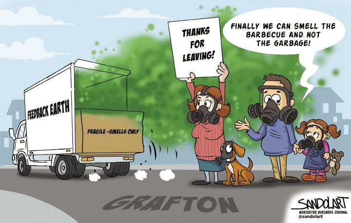 An editorial cartoon showing a truck with smelling cargo leaving Grafton.