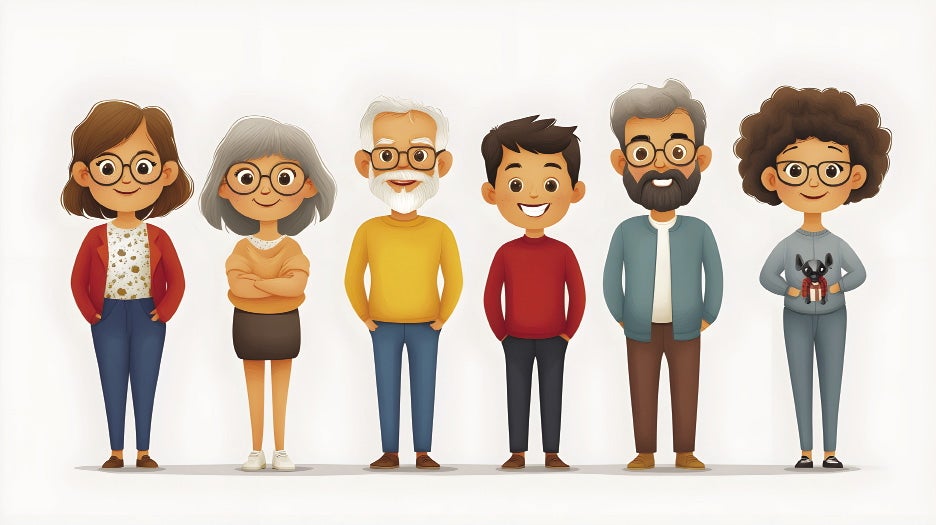 A cartoon of five people standing side by side.